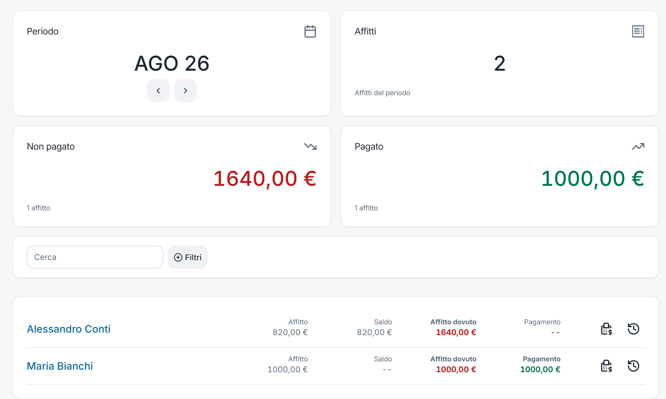 Scadenzario degli affitti di Dimora: importi pagati e non pagati del mese